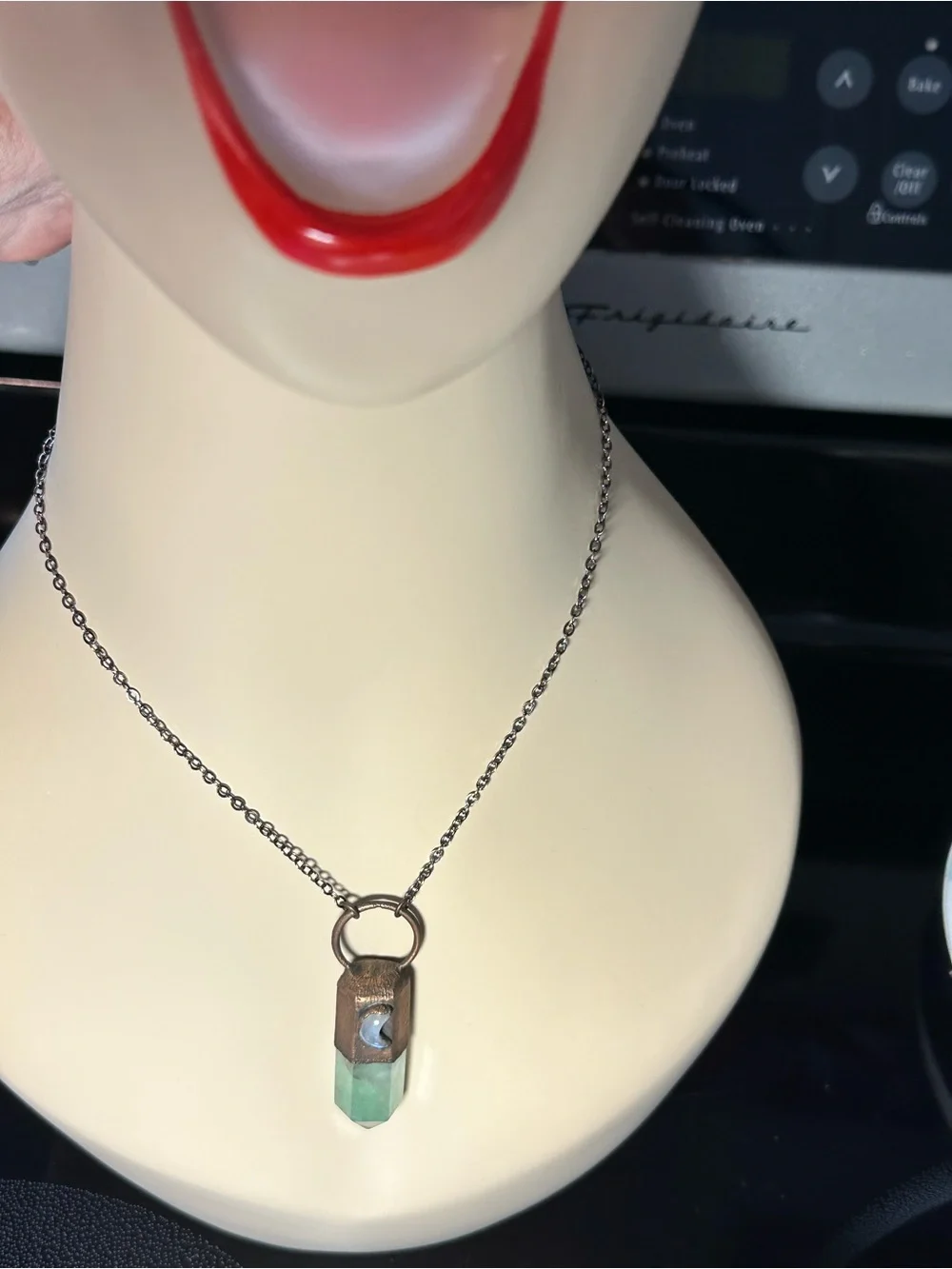Enchanted by Cara Fluorite  Pendant with Crescent Moonstone Necklace 24” new